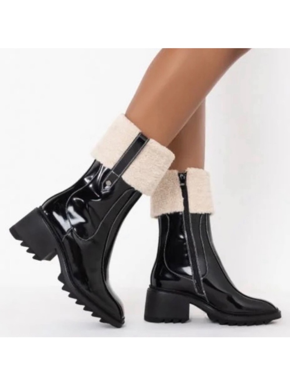Azalea Wang Sherpa Chunky Heel Women’s 7.5 Black Patent Vegan Leather Boots